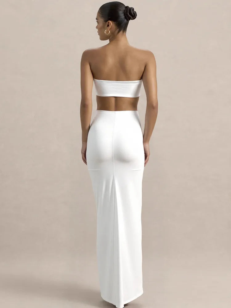 White Strapless Cut-Out Gown | Chic Ankle-Length Occasion Dress