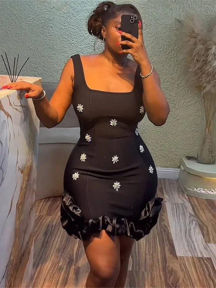 Light Blue Crystal Flower Bandage Mini Dress | Square Neck Evening Party Gown