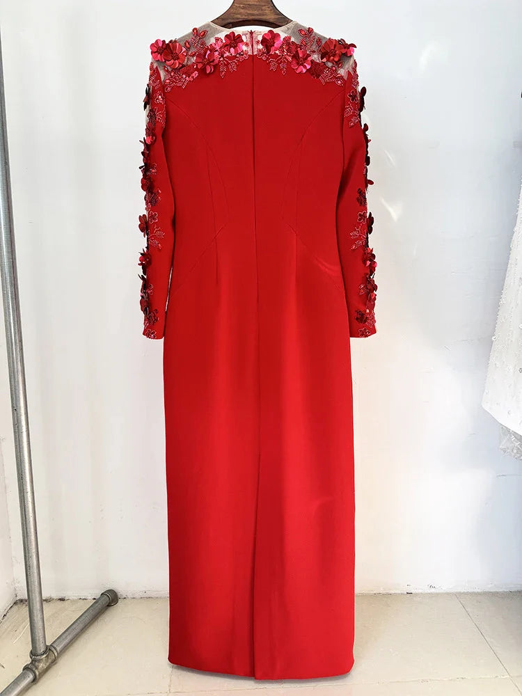 Red O Neck Flower Beaded Gown | Sequin Mesh Long Sleeve Party Dress