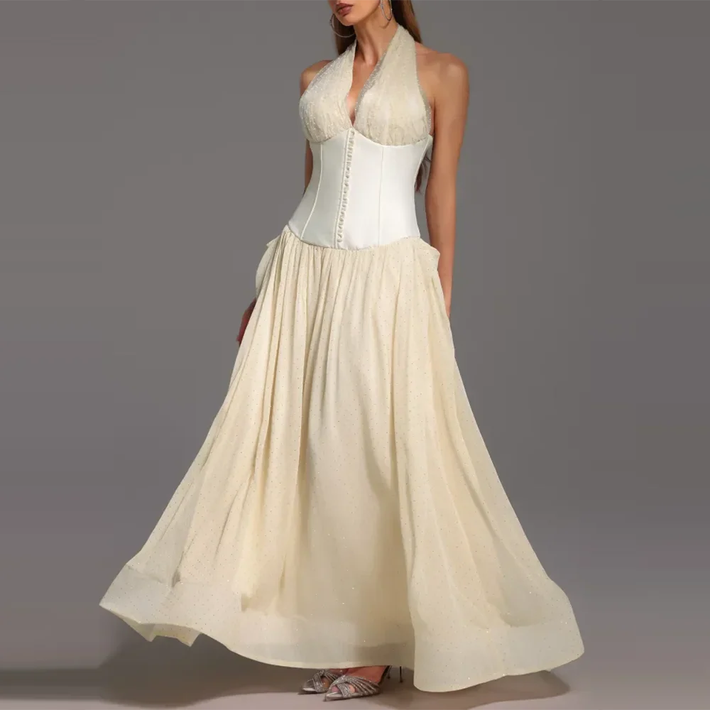 Apricot Halter Corset Maxi Dress | Flowy Pleated Elegance