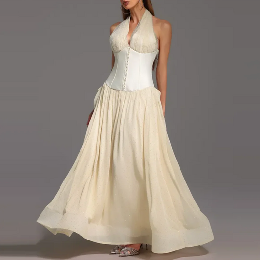 Apricot Halter Corset Maxi Dress | Flowy Pleated Elegance