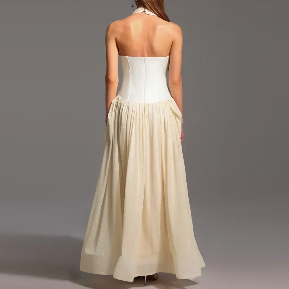 Apricot Halter Corset Maxi Dress | Flowy Pleated Elegance