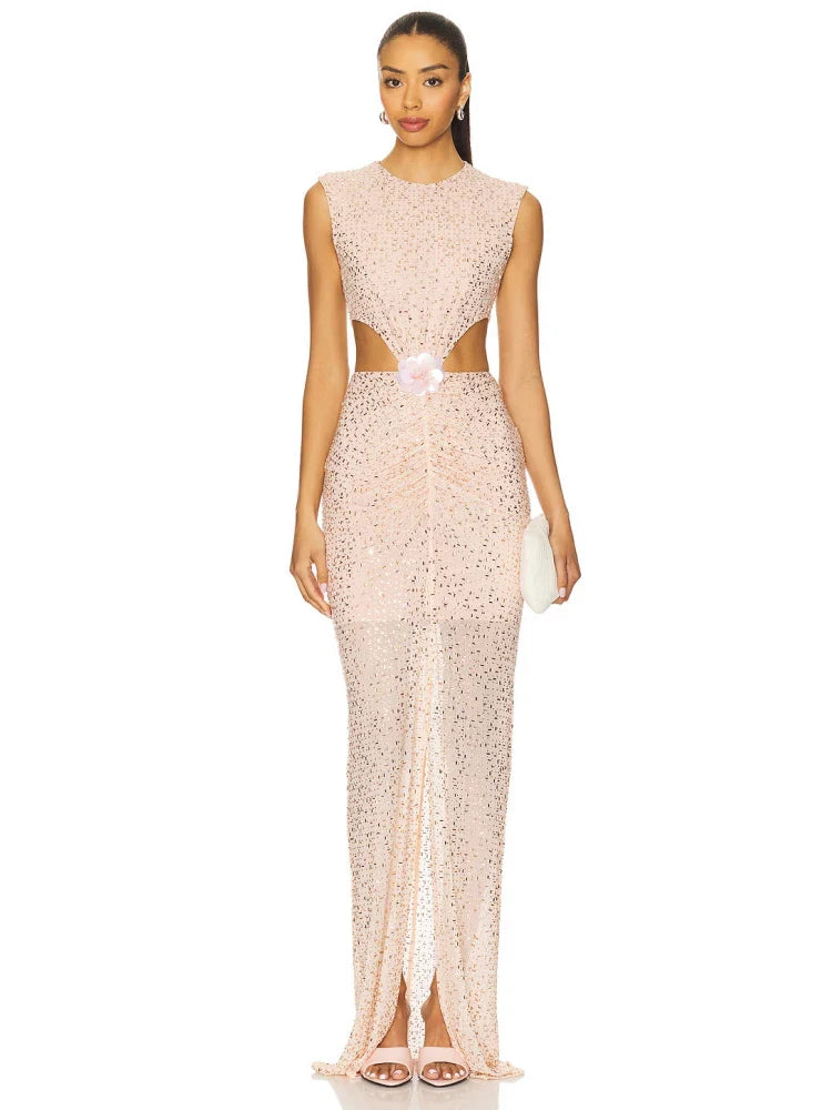 Apricot Mesh Diamond Bodycon Dress | O-Neck Sleeveless Gown