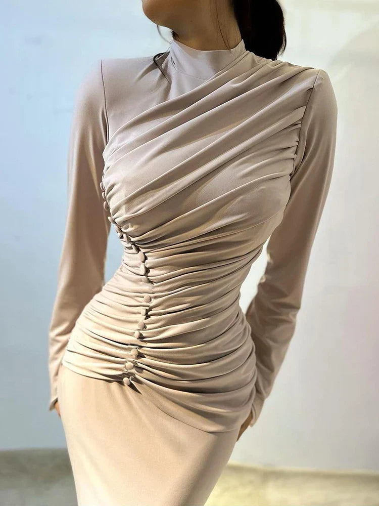 Silver Ruched High Neck Maxi Dress | Sculpted Stretch Sheath