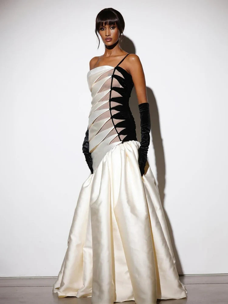 White Hollow Out Patchwork Maxi Dress & Gloves | One Shoulder Evening Gown