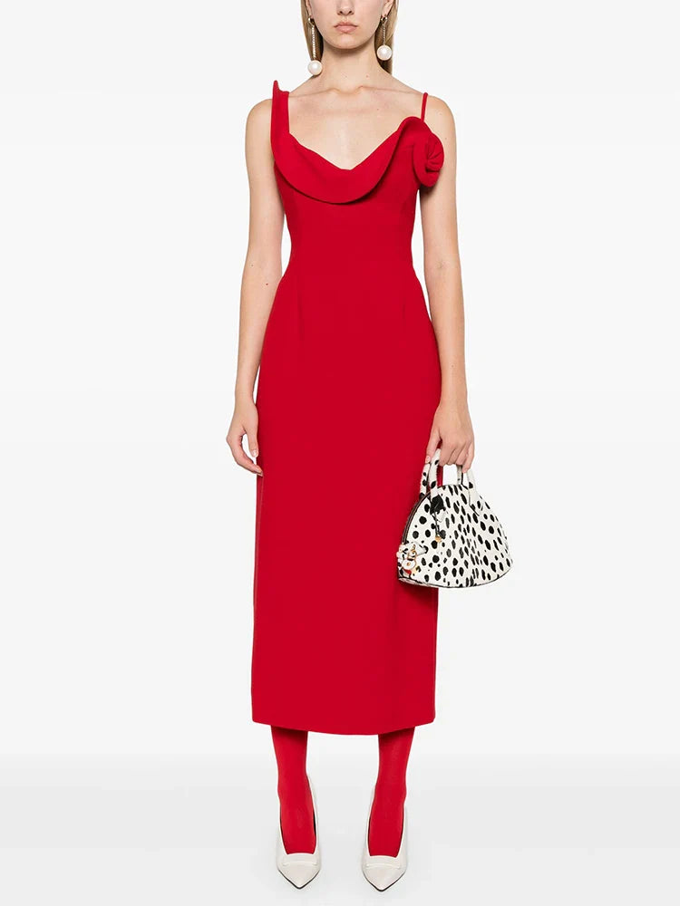 Red Ruffle Flower Strap Dress | Asymmetric Midi Evening Chic