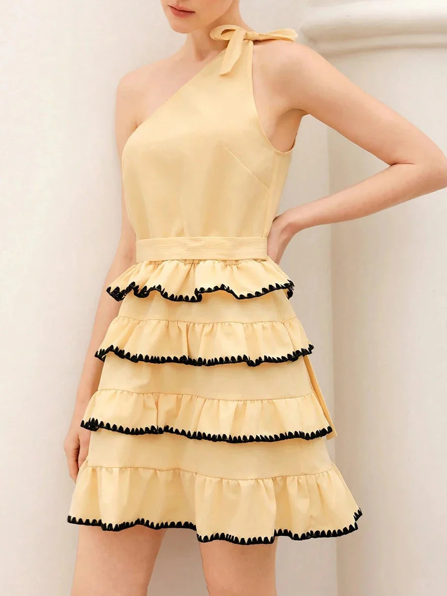 Yellow One-Shoulder Ruffle Dress | Tiered Mini for Summer Parties