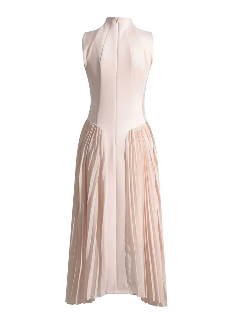 Apricot Patchwork Pleated Dress | O Neck Sleeveless A-Line Gown