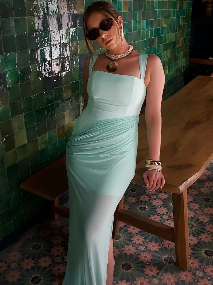 Brown Square Neck Maxi Dress | Backless Ruched Poolside Chic