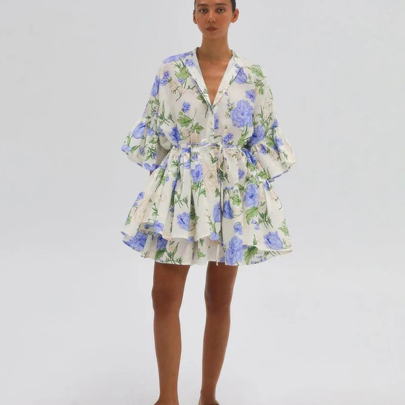 Blue Floral Print Lace Up Mini Dress – Autumn Stand Collar A-line Office Chic