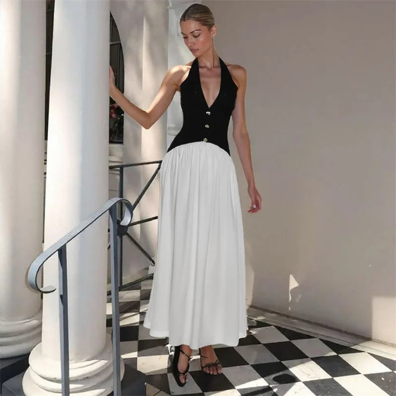 Halter V-Neck Patchwork Backless Maxi Dress