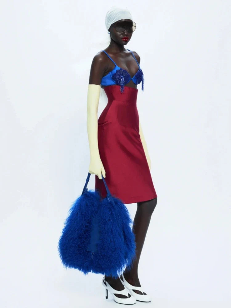 Blue & Red Appliqué Sheath Dress | Runway-Inspired Party Look