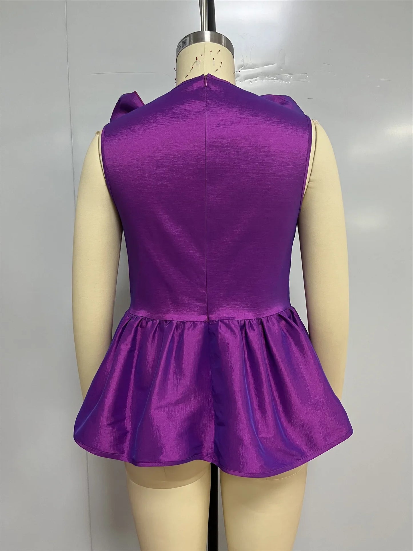 Purple 3D Ruffle Peplum Party Top – Sleeveless Elegant Blouse
