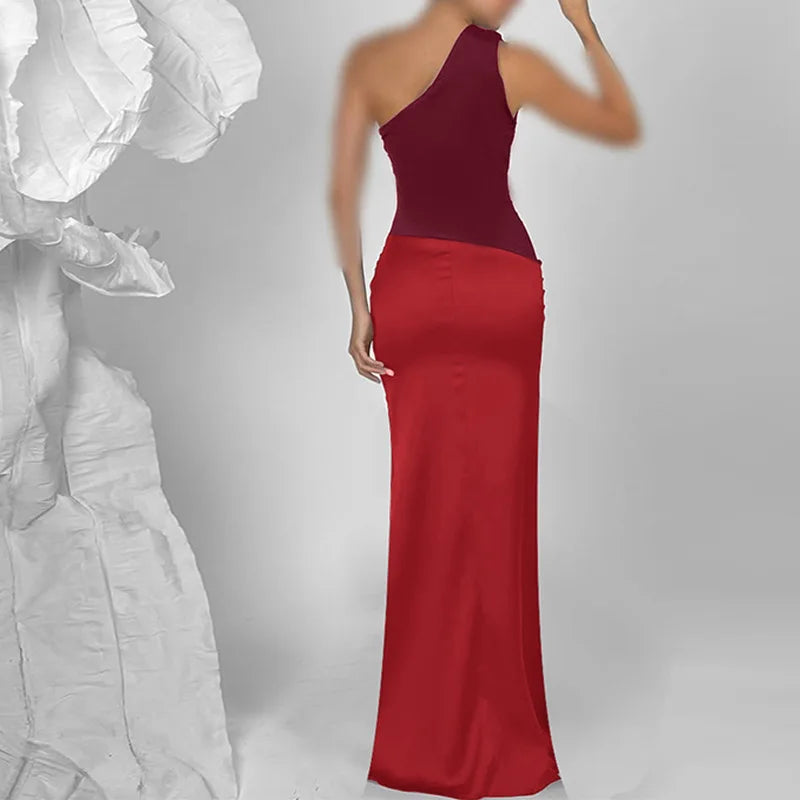 Red One-Shoulder Satin Drape Maxi Dress