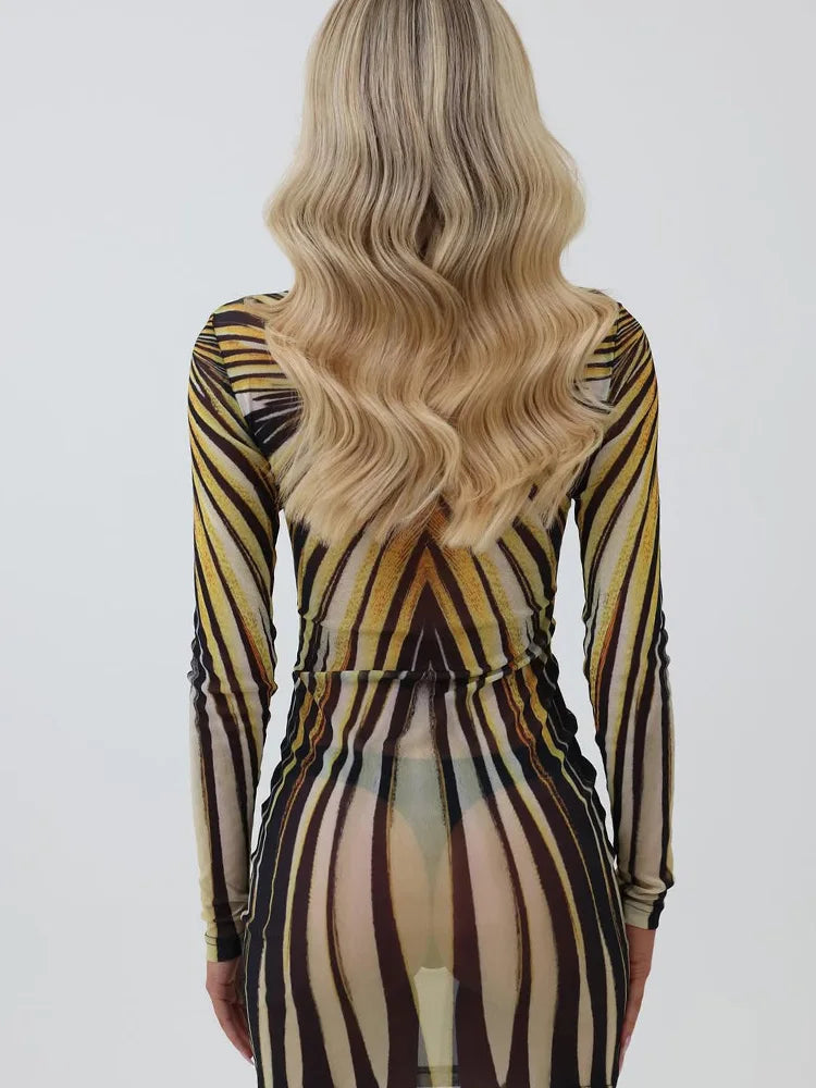 Psychedelic Print Sheer Turtleneck Mini Dress