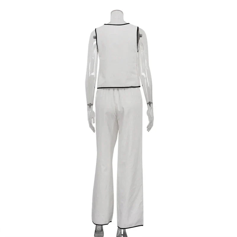 White Contrast Vest & Wide-Leg Trouser Set | Effortless Modern Outfit