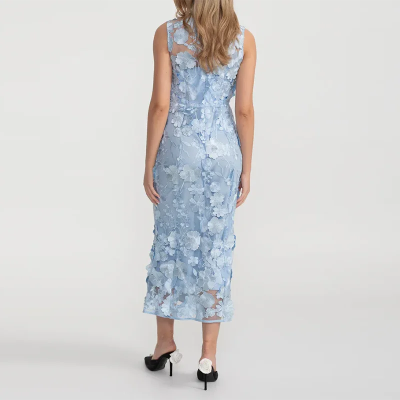 Light Blue Lace Appliqué Midi Dress | Sleeveless Elegant Floral Mesh Gown