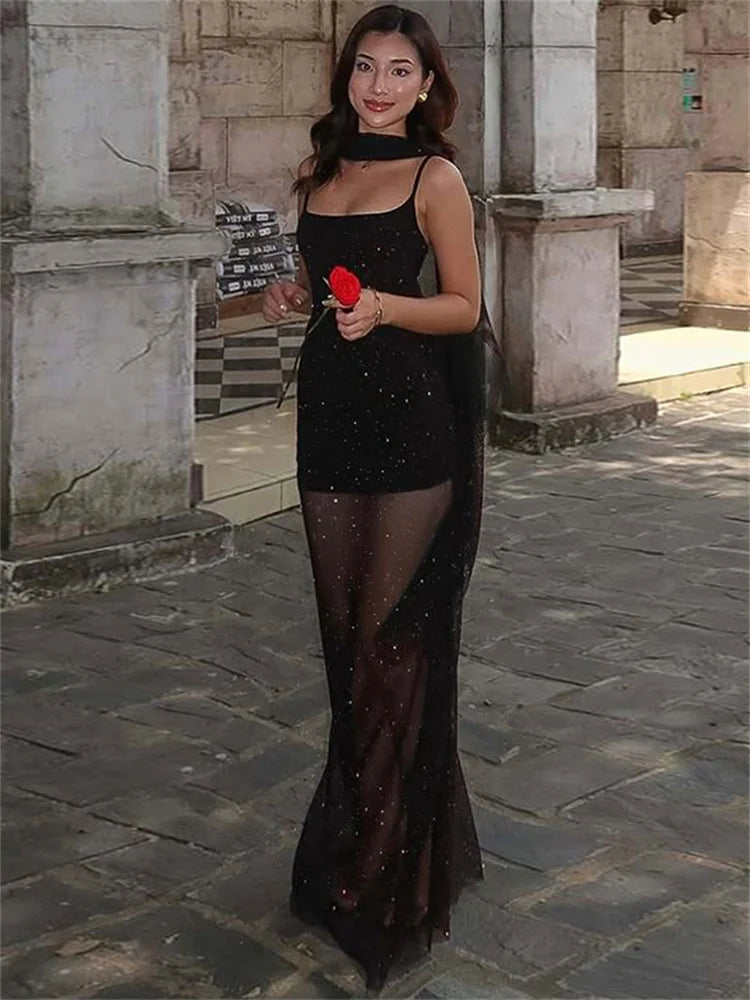 Sheer Lace-Up Black Dress | Floor-Length Mesh Bodycon Gown