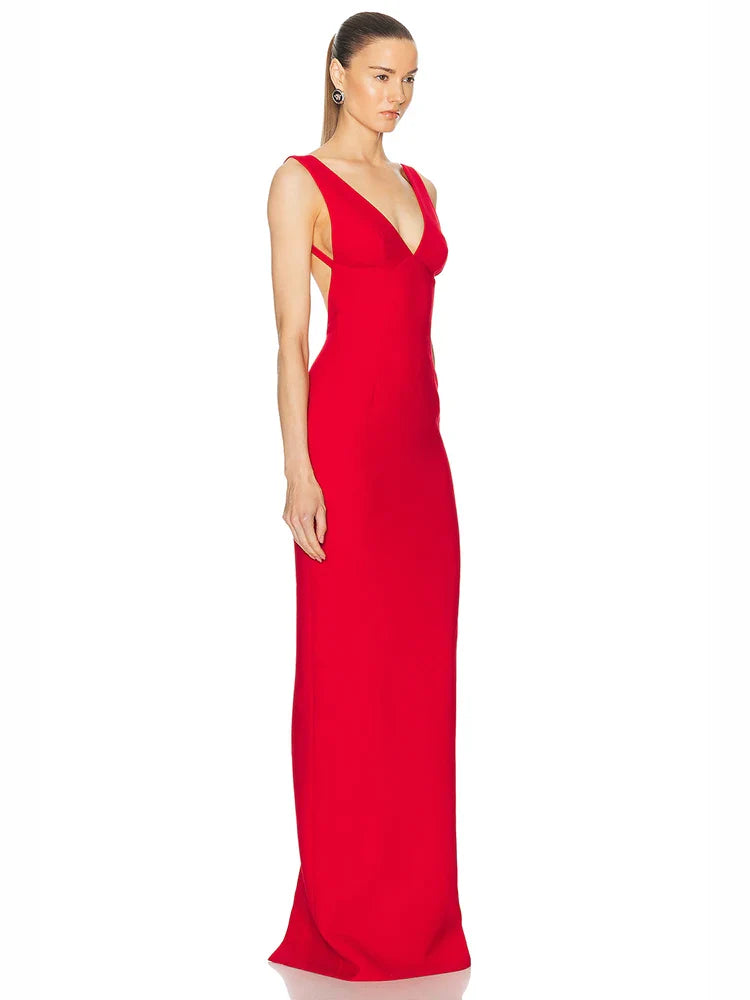 Red Deep V Neck Backless Bandage Dress | Ankle-Length Gown