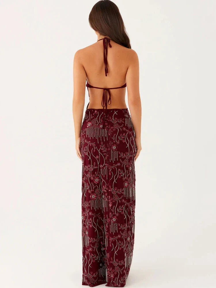 Burgundy Sequin Halter Gown | Cutout Evening Maxi Dress