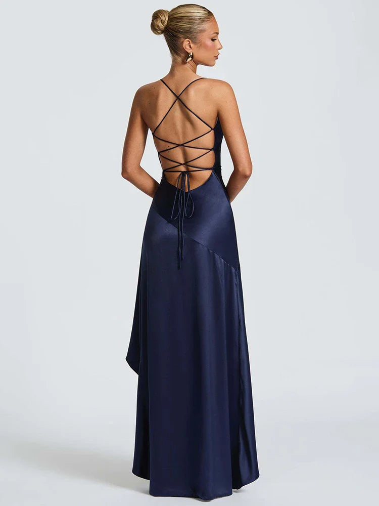 Navy Satin Spaghetti Strap Maxi Dress – Ruffle Split Club & Party Gown