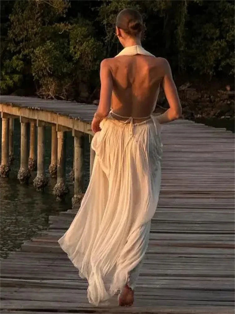 White Backless 2-Piece Set | Halter Crop Top & Pleated Maxi Skirt
