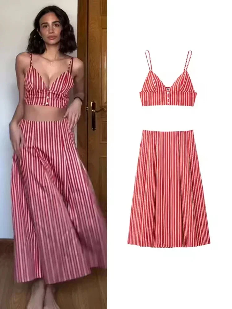Striped Spaghetti Straps Crop Top and Skirt Set