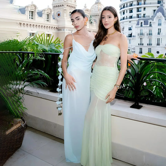 Solid Cowl Neck Chiffon Gown | Backless Tie-Flower Slip Dress