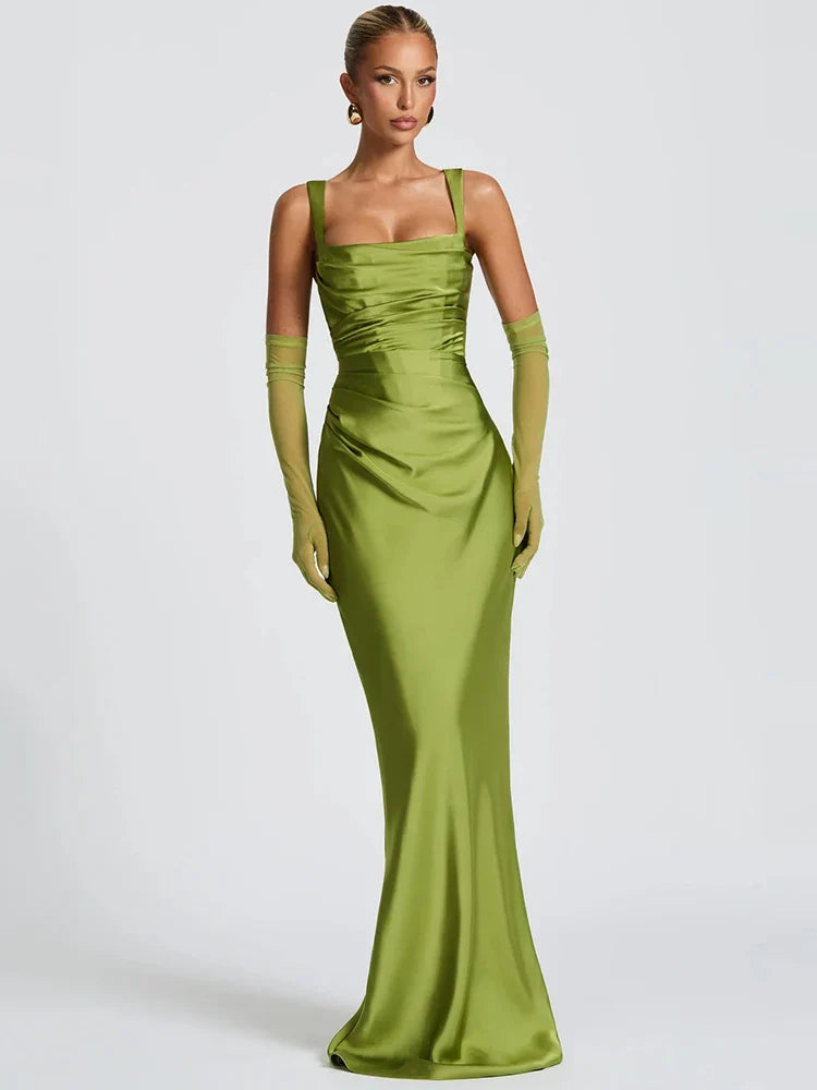Green Square-Neck Gown with Gloves | Elegant Ankle-Length Dress