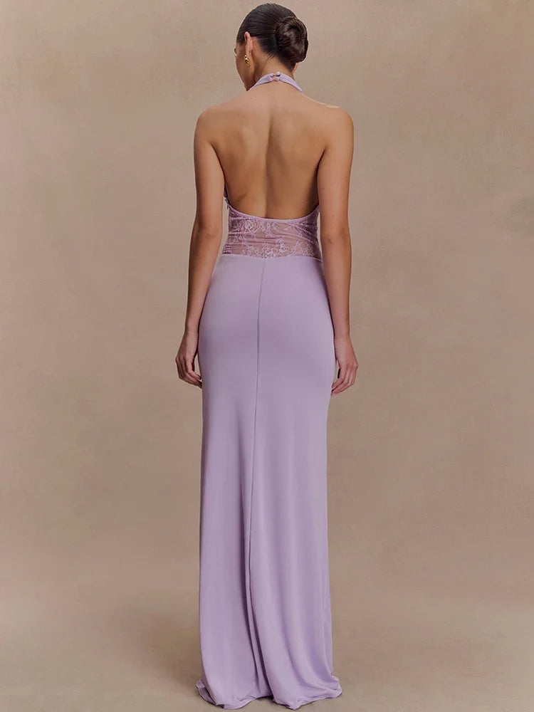 Lavender Halter Mesh Maxi Dress | Elegant Evening Gown