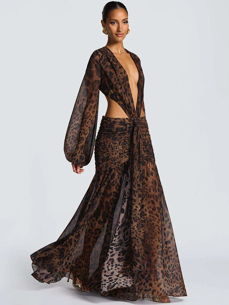Leopard Print Backless Ruched Maxi Dress