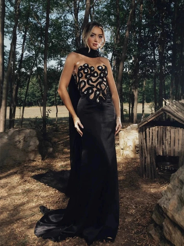 Black Strapless Patchwork Bandage Dress | Backless Long Gown