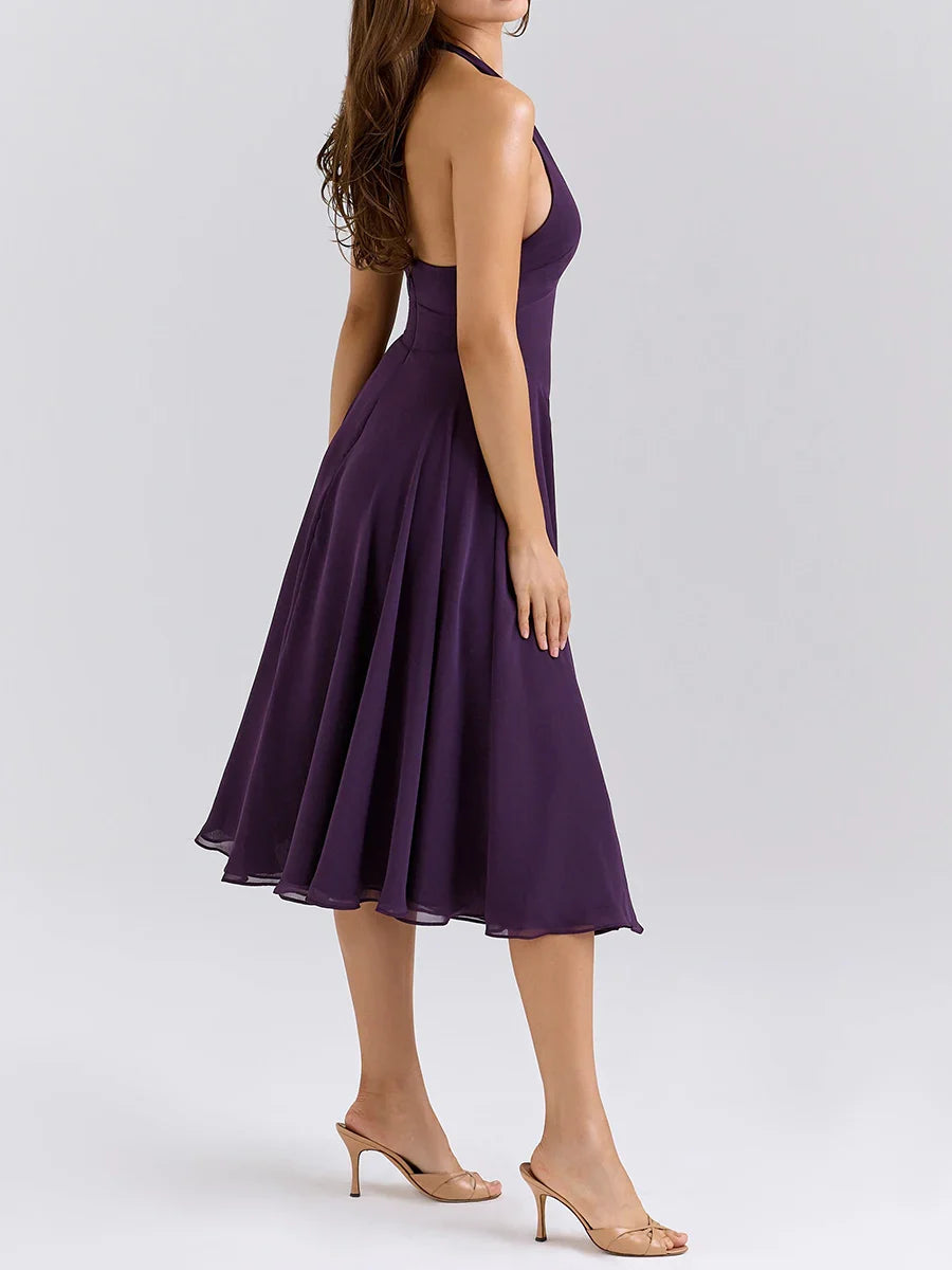 Purple Halter Neck Midi Dress | A-Line Backless Summer Classic