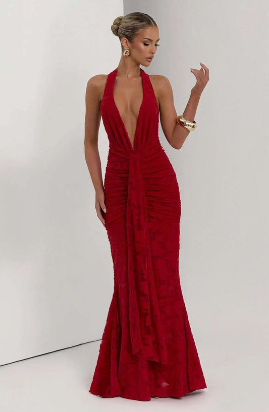 Red Plunge Halter Evening Gown, Draped Maxi