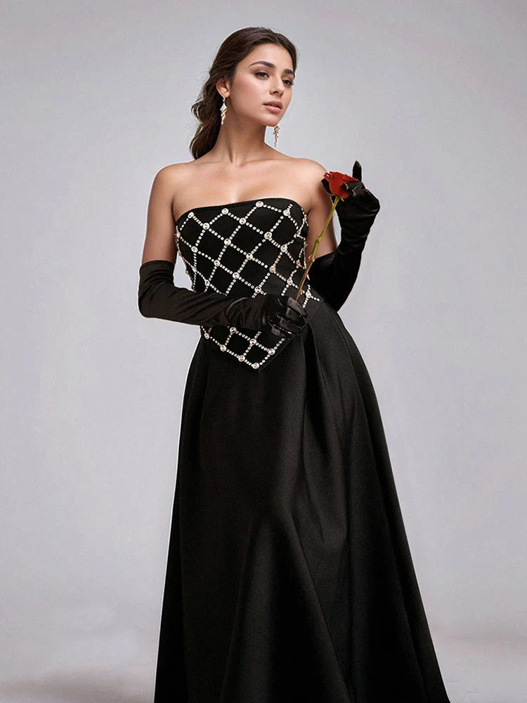 Black Strapless Rhinestone Bandage Dress | Sparkling A-Line Gown