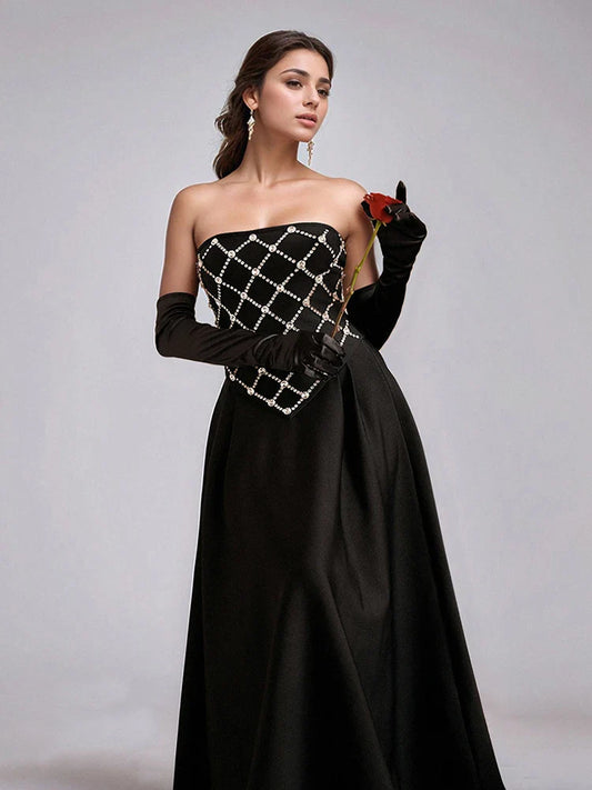 Black Strapless Rhinestone Bandage Dress | Sparkling A-Line Gown
