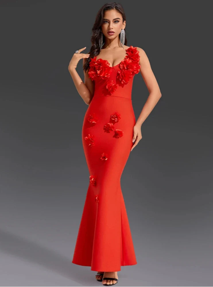 Red One Shoulder Floral Bandage Dress | Backless Bodycon Gown