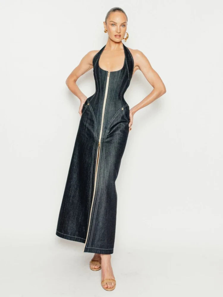 Denim Halter Neck Backless Maxi Dress