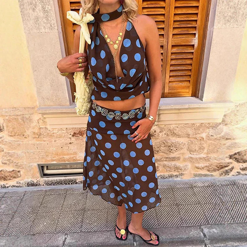 2-Piece Polka Dot Skirt Set | V-Neck Tank & Mesh Skirt