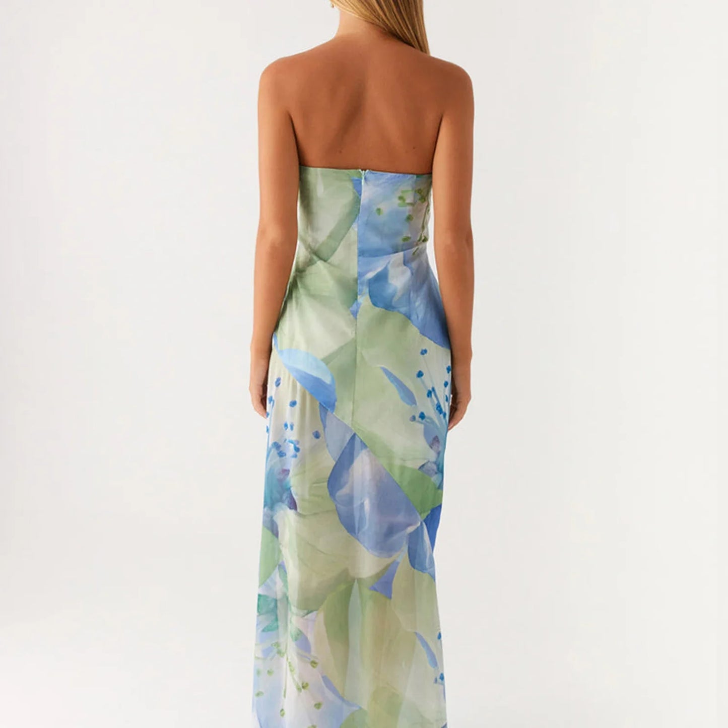 Blue Floral Strapless Maxi Dress – Summer Y2K Bodycon Tube Dress with Slit
