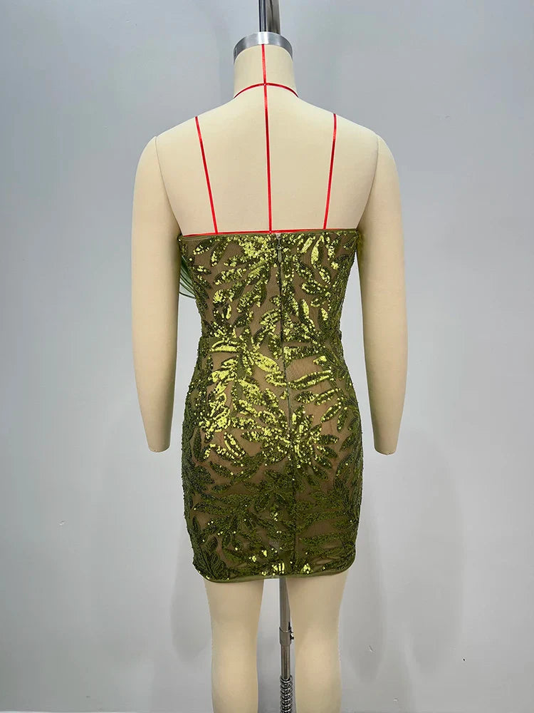 Green Strapless 3D Mesh Sequin Mini Dress | Sparkly Cocktail Gown