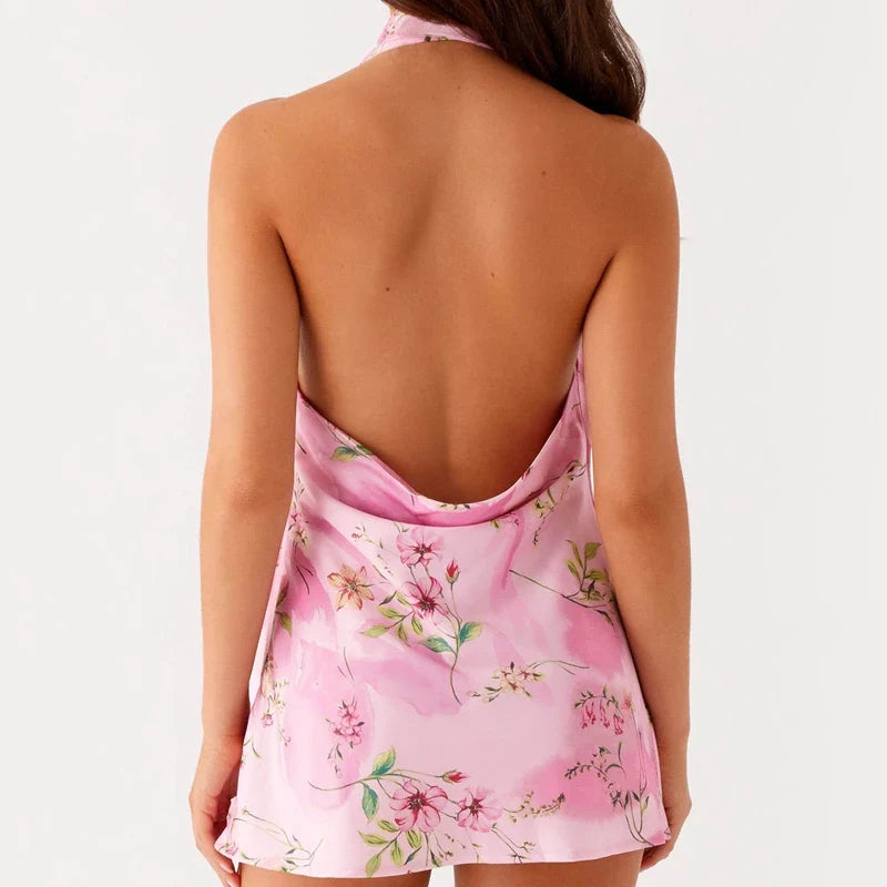 Pink Floral Halter Mini Dress – Backless
