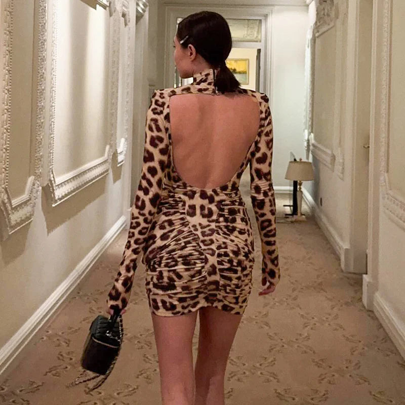 Leopard Print Ruched Mini Dress | Backless Turtleneck Trend
