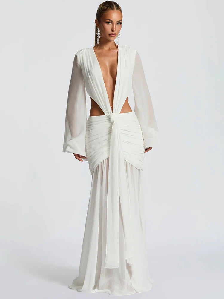 Deep V Maxi Gown | Sheer Sleeve Resort Party Dress