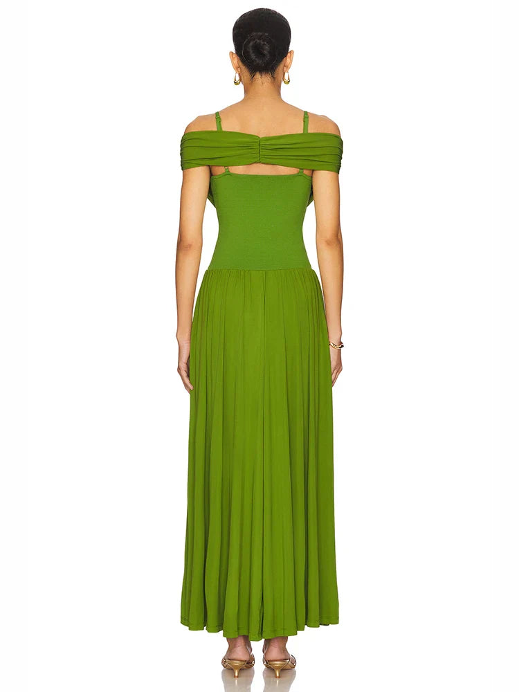 Green Off-Shoulder Pleated Maxi Dress | Elegant Evening & Cocktail Wear