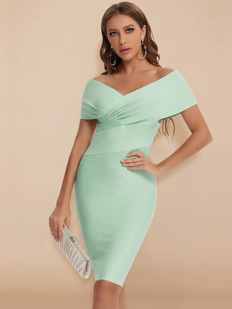 Mint Off Shoulder Bandage Dress | Sculpted Bardot Cocktail Mid