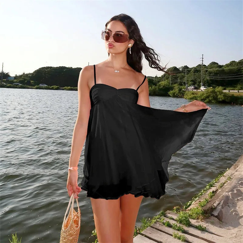 Black Backless Mini Dress | Ruffled Hem Beach Party Outfit