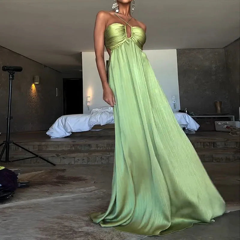 Green Pleated Satin Maxi Dress | Flowing Halter Vacation Look