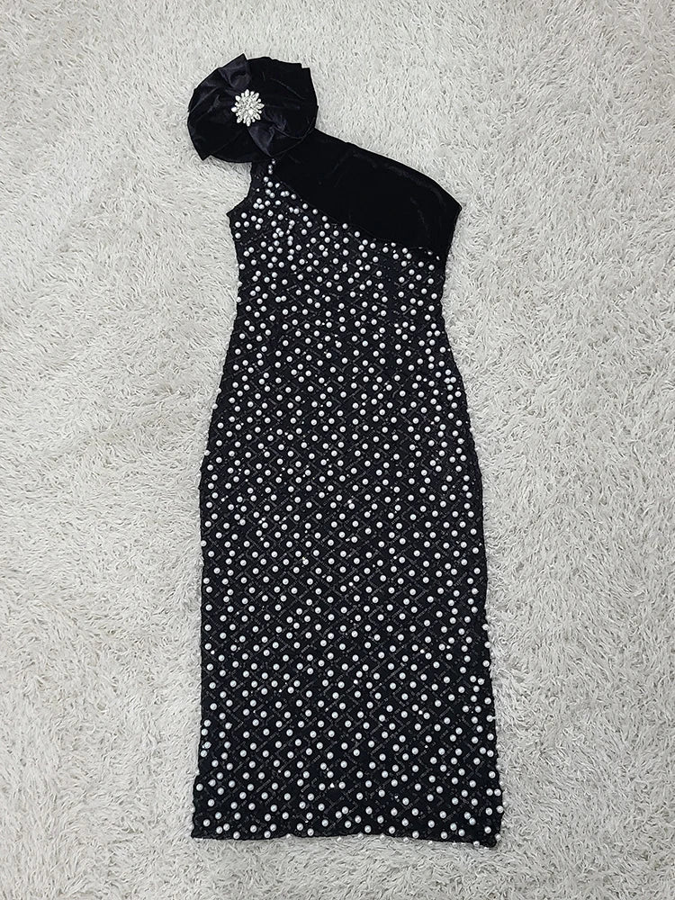 One-Shoulder Black Polka Dot Midi Dress | Modern Party Bow