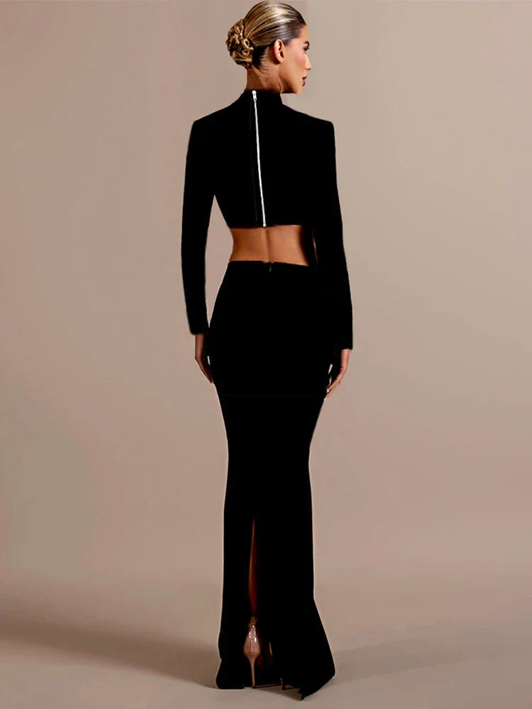 Black Diamond Two-Piece Set | Beaded Top & Long Bandage Skirt